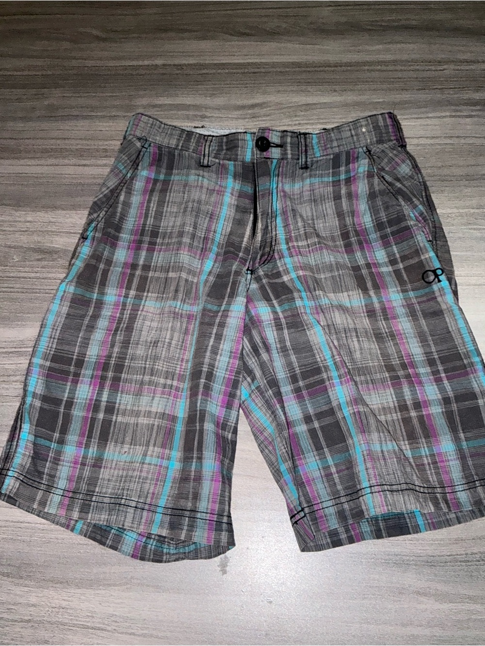 OP Ocean Pacific Plaid Shorts Men’s Size 32 Grey Teal Purple Flat Front Casual